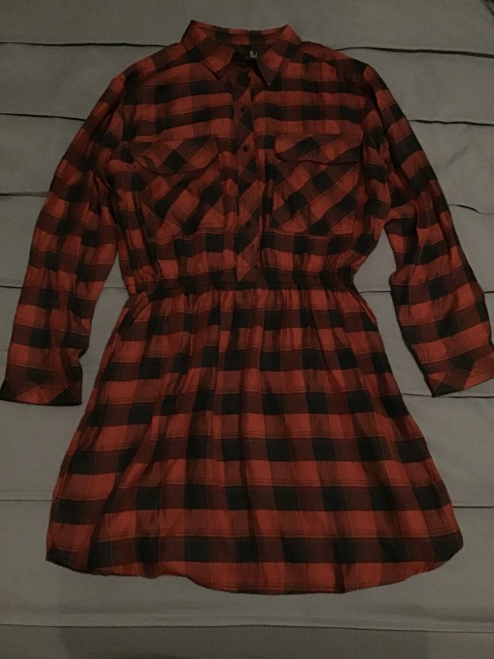 Mango Red Black Plaid Shirt Dress Size M (Size 6) Buffalo Check Long Sleeve